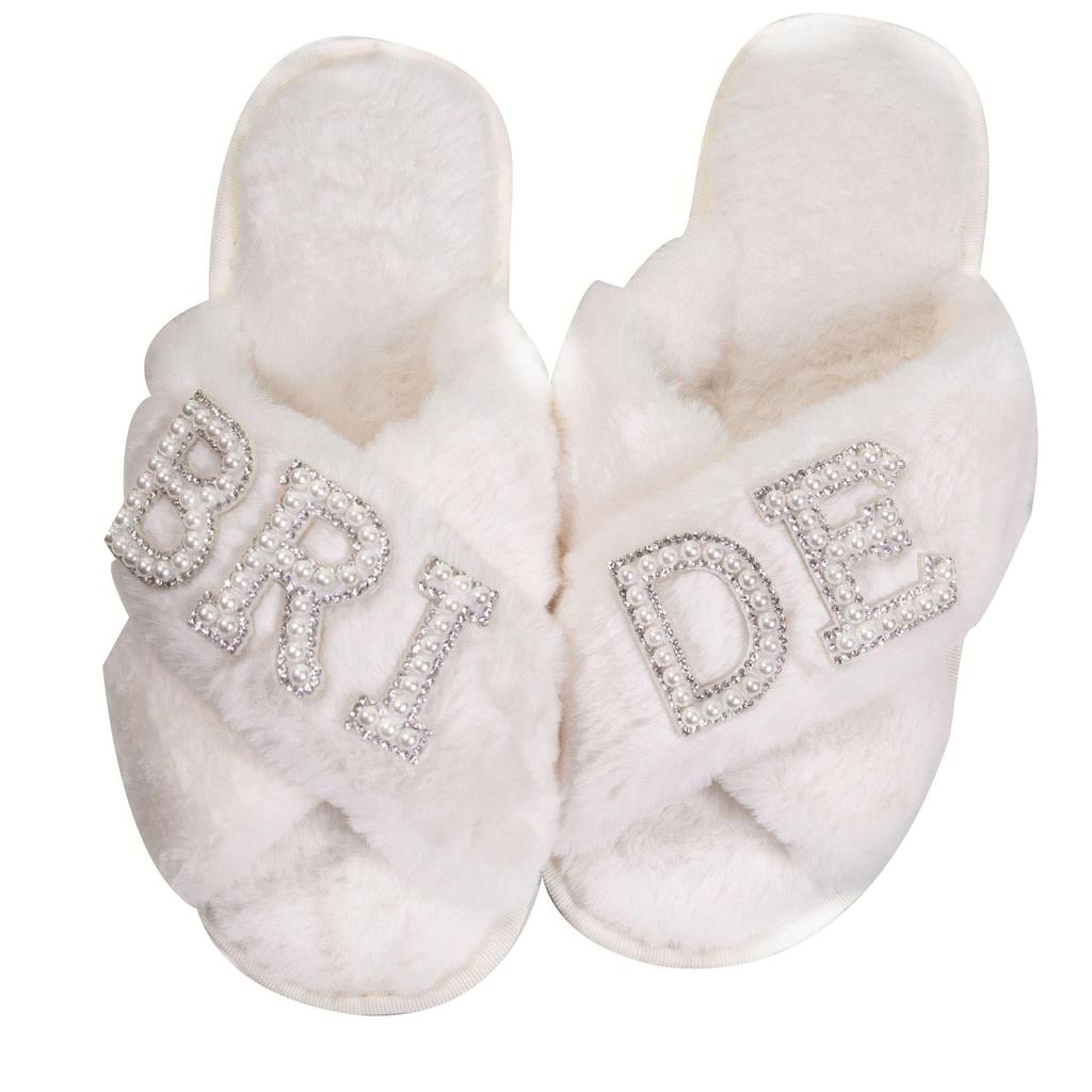 Bridal Pearl Letter Cross-Toe Plush Slippers - Wedding & Bachelorette Gift