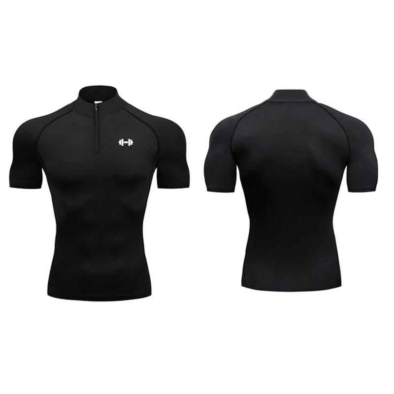 Muscleguys Running T-shirts Mens Compression Shirts Summer Fitness Short Sleeve Quick-Dry Half-Zipper Slim Fit Polo Shirt Baselayer Tees