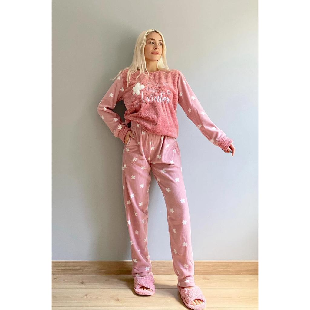 Фиолетовый женский плюшевый пижамный комплект с рисунком Hello Winter