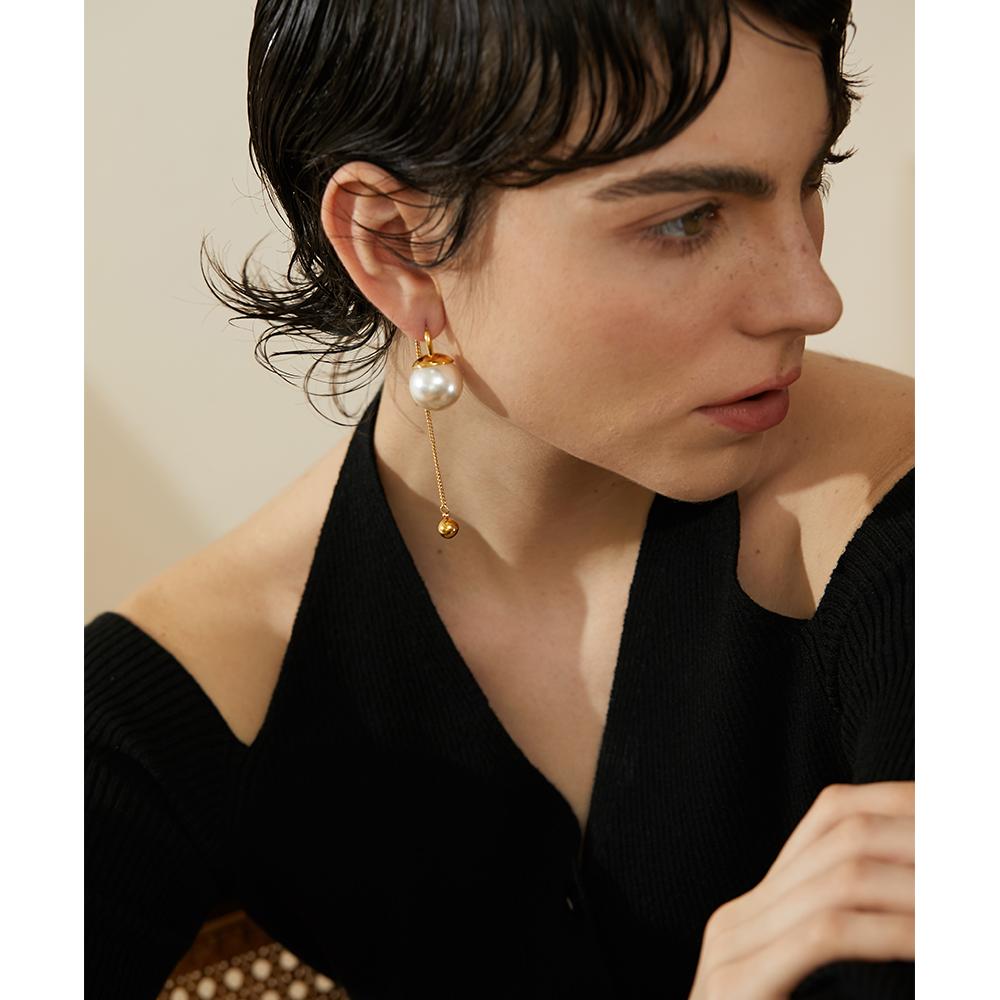 Yhpup Korean Imitation Pearls Chain Long Drop Stainless Steel Earrings Temperament Geometric Fashion Chic Party Jewelry Women