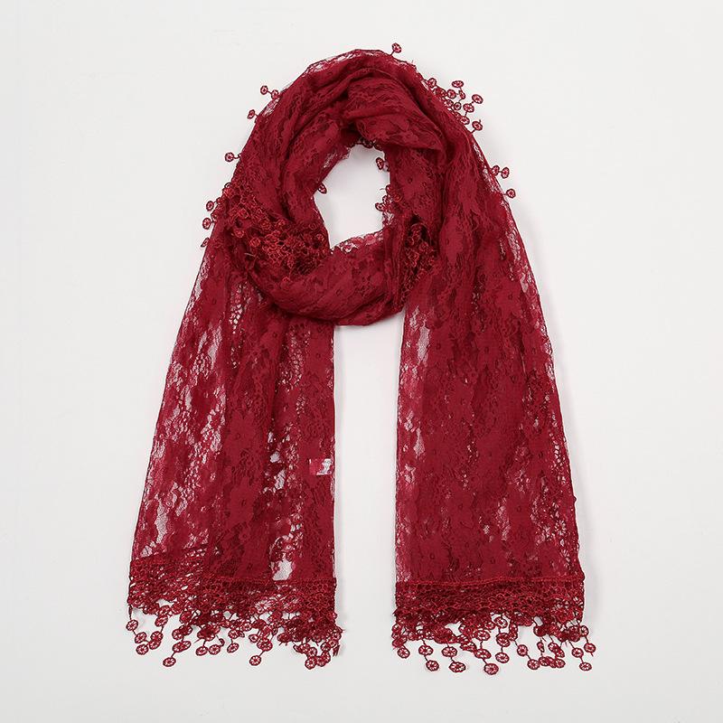 Summer New Solid Color Floral Fringed Shawl, Women's Fashion Thin Plum Blossom with Lace Long Towel