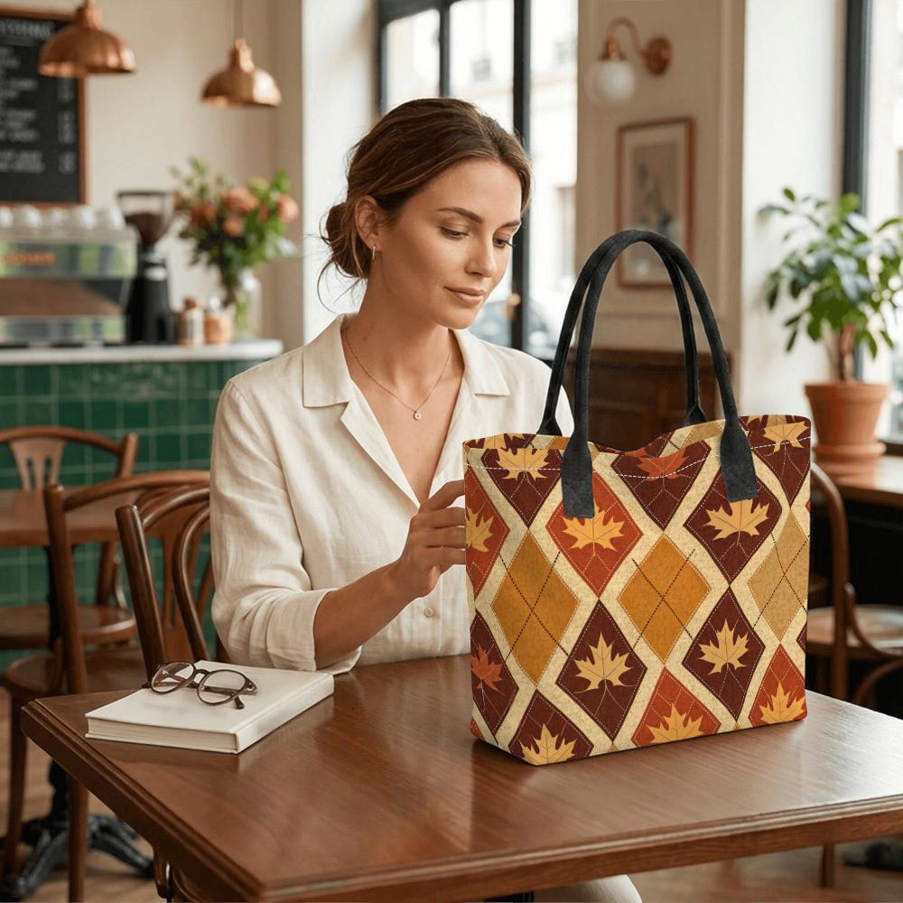 Autumn Maple Leaf Argyle Pattern Large Capacity Tote Bag Daily Casual Shoulder Handbag