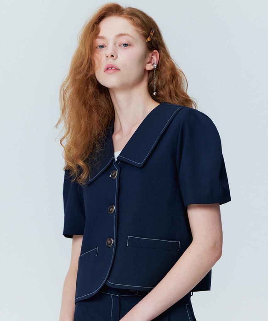 OPENING SUNSHINE Puff Sleeve Crop Jacket_Two-Pleat Wide Pants Set_Navy