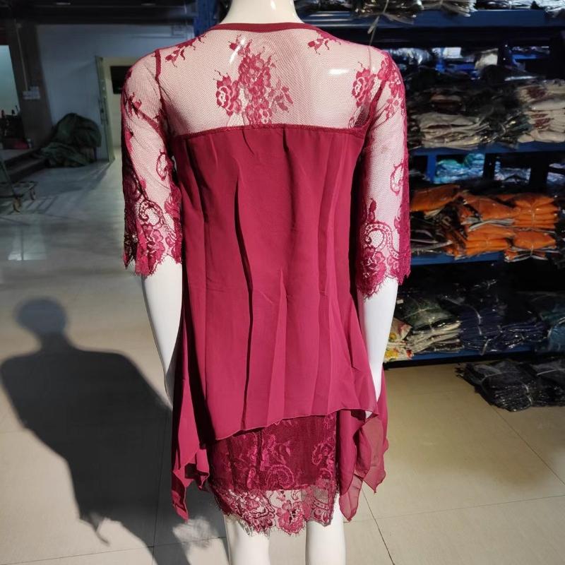 Элегантное кружевное шифоновое платье средней длины, женское платье с коротким рукавом, весна-лето, женские однотонные платья трапециевидной формы, большие размеры 24033