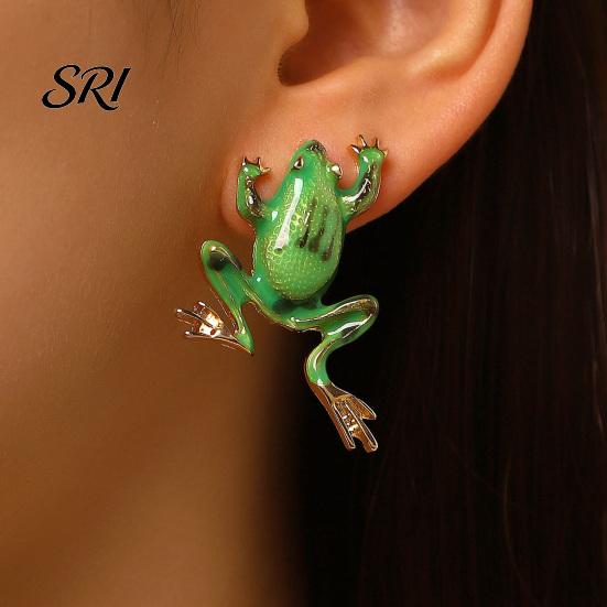 High Gloss Earrings 1 Pair Stud Enamel Dripping Glossy Frog Shape Ear Studs Hip Hop Style 3D Split Design Jewelry Gift