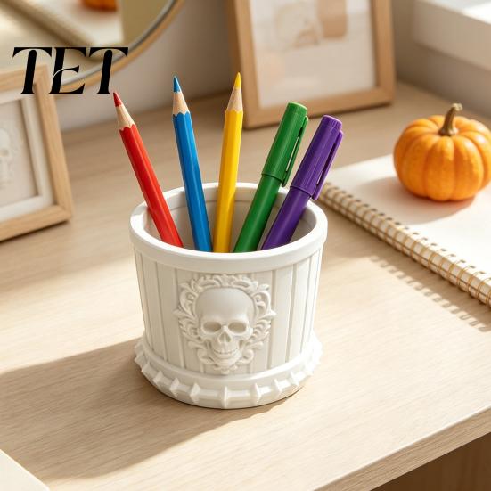 Gothic Style Home Decor Skull Pen Holder, 3D Printed PLA Stationery Organizer, Multi Purpose Storage Barrel Halloween Theme Container for Makeup