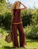 Bohemian style small fresh contrasting color trimmed loose wide-leg pants two-piece set floral pattern print