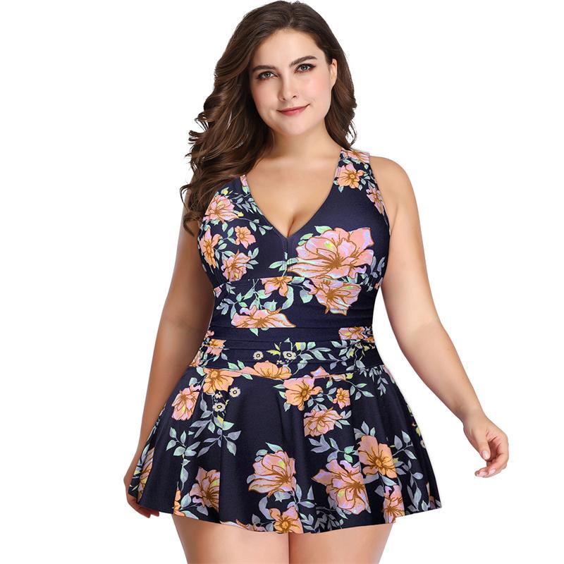 Women Summer Swimwear Plus Size Swimsuit Floral Pattern V Neck Beach Dress Sexy Two-Piece Bathing Suit S-5XL
