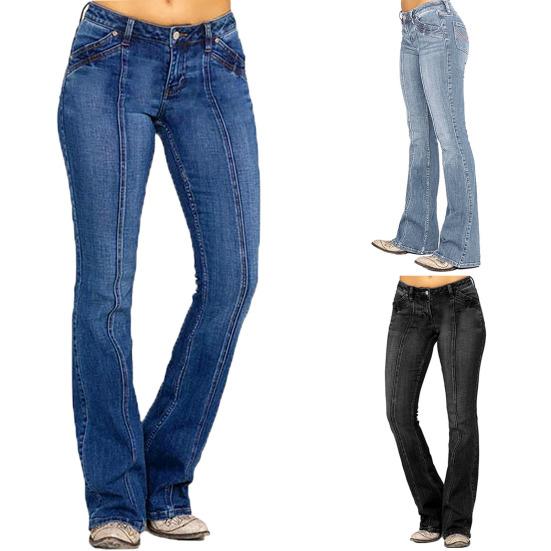 Women Jeans Mid Waist Pockets Zipper Button Closure Retro Washed Flared Hem Slim Fit Colorfast Full Length Lady Long Trousers