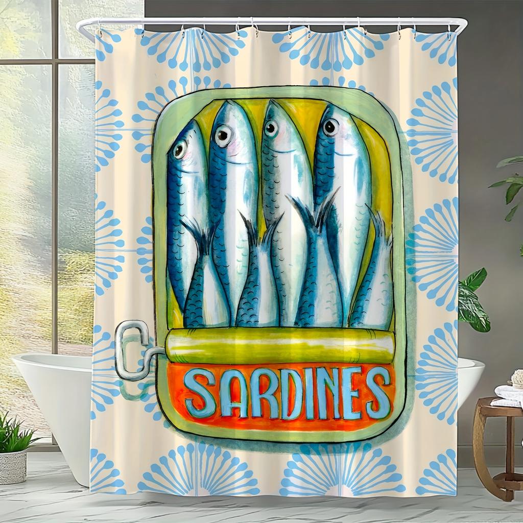 1 шт. Шикарная шторка для душа с принтом сардин - Яркий цифровой принт, декор для ванной комнаты с художественным дизайном рыб, полиэстер, декор сардин