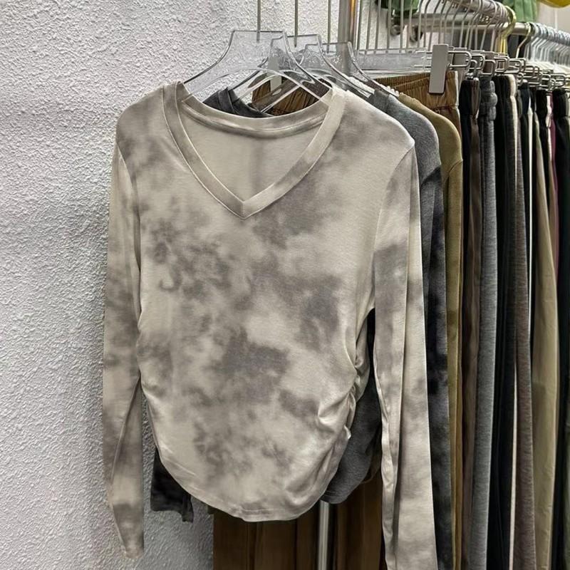 Womens Tie-Dye Crew Neck Long Sleeve T-Shirt Slim Fit Trendy Short Top