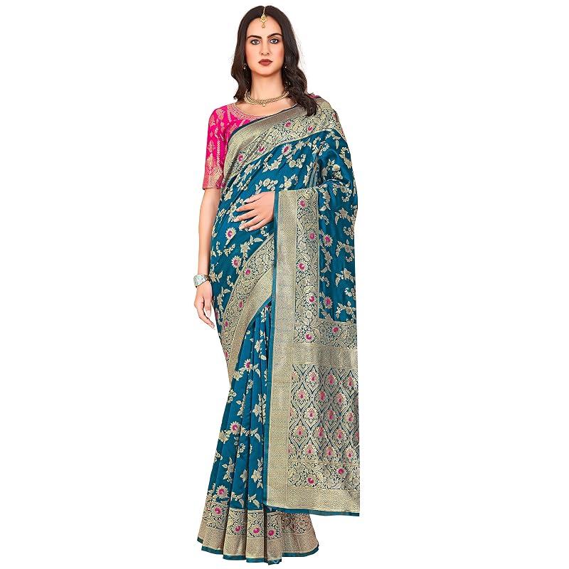 Glory Sarees Женский смесовый банарский шелковый сари (Кара164 Бирюзовый
