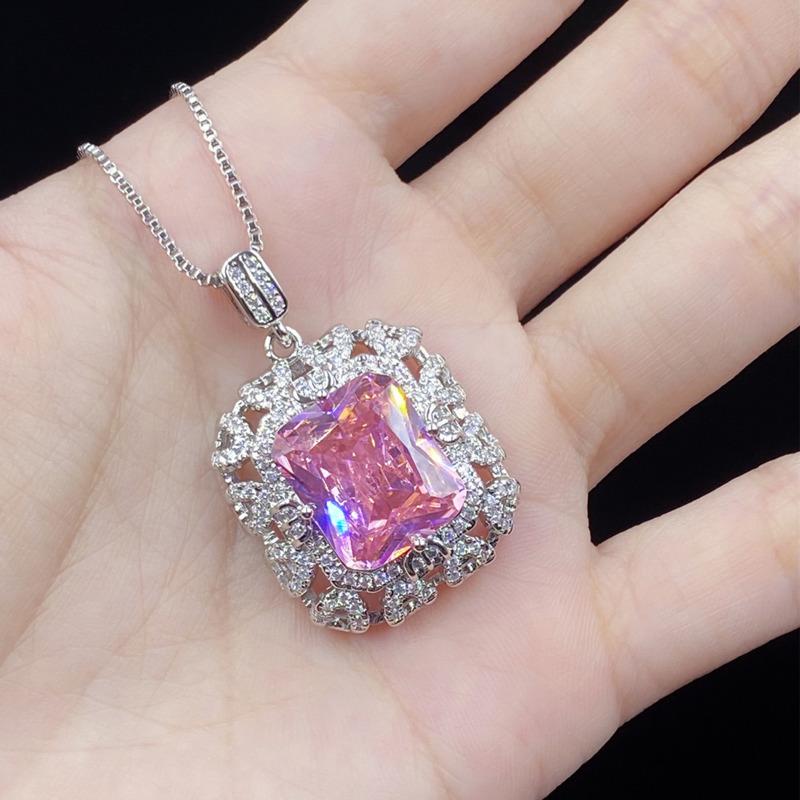 BELLA BOX High-grade Pink Zircon Hollow Bottom Square Pendant Women Open Ring Earrings Set