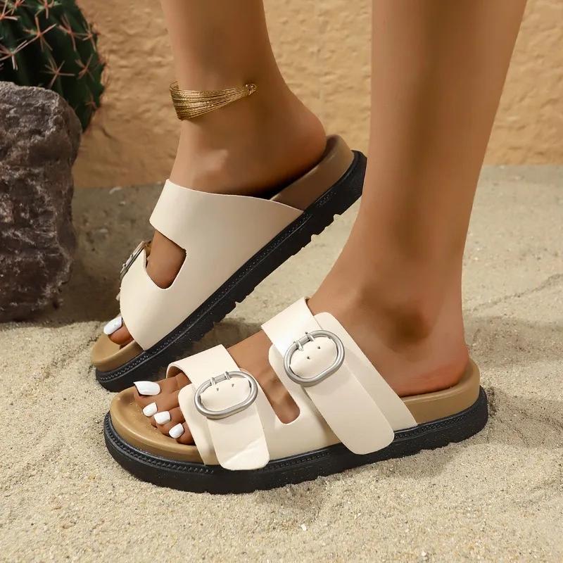 Обувь для женщин 2024 года, модные базовые женские тапочки, повседневные тапочки на платформе, женские тапочки с пряжкой на плоской подошве с открытым носком, женская обувь для отдыха на природе