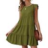 Women's Summer New Solid Round Neck Short Sleeve Casual Cake Dress Pleated Swing Dress
