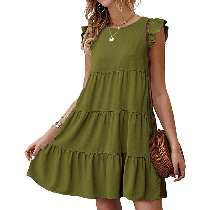 Women's Summer New Solid Round Neck Short Sleeve Casual Cake Dress Pleated Swing Dress