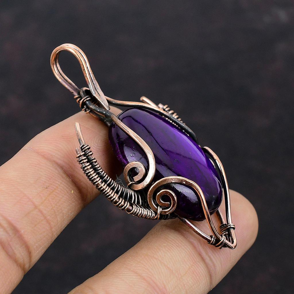 Подвеска из фиолетового огненного лабрадорита, медная проволочная обертка, подвеска ручной работы в форме бычьей морды, изящная подвеска из драгоценного камня, медные украшения для подарка