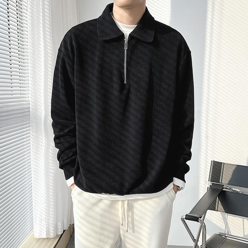 Men Vertical Striped Top Half Zipper Turn-down Collar Corduroy Loose Solid Color Long Sleeves Pullover Shirt Daily Wear