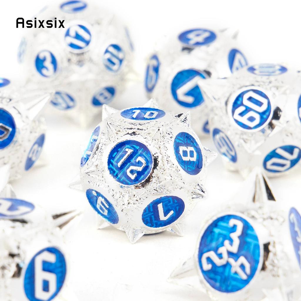 7 Pcs White Blue Meteor Hammer Metal Dice Solid Metal Polyhedral Dice Set Suitable for Role-Playing RPG Board Game Card Game