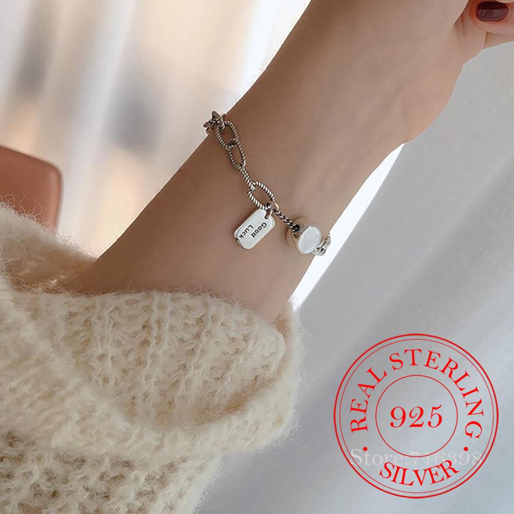 Винтажный квадратный фирменный браслет с буквой LUCK 925 SterlingThai Silver Fashion Lock Chian для женщин