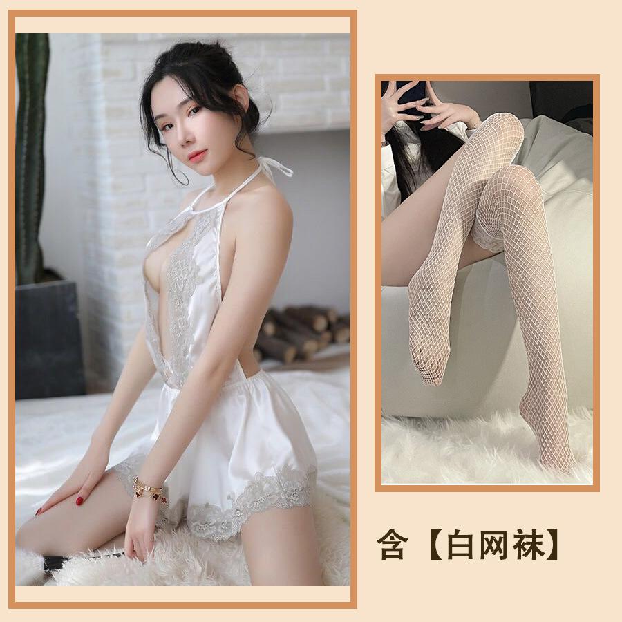 Sexy Lingerie Sexy Cute Girl Seduction Lace Neck Deep V Home Perspective Nightdress Set