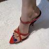 Summer Pointed Toe Slippers Women Red Patent Leather Open Toe Stiletto High Heels Women Outside Wear Sexy Sandalias