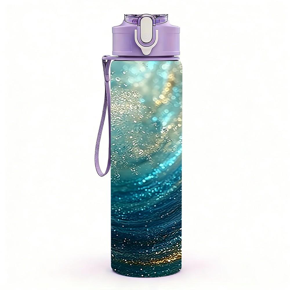 1PC Turquoise Gold Fluid Marble Pattern 750ml Color Plastic Sports Water Bottle Leakproof Flip Straw Lid Suitable for Sports Office Home Use
