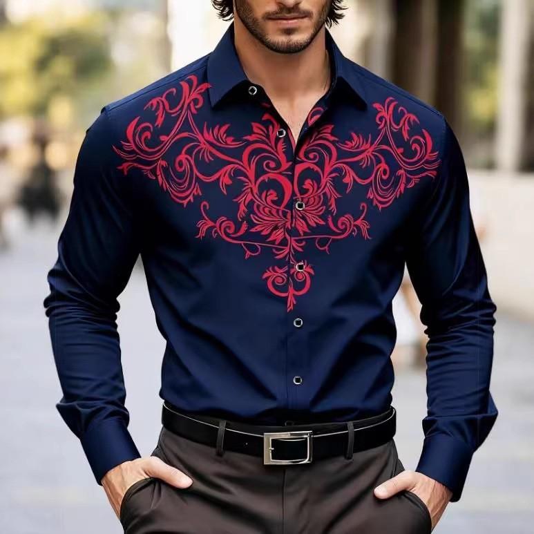 Mens Casual Loose Long Sleeve Retro Pattern Printed Breathable Shirt