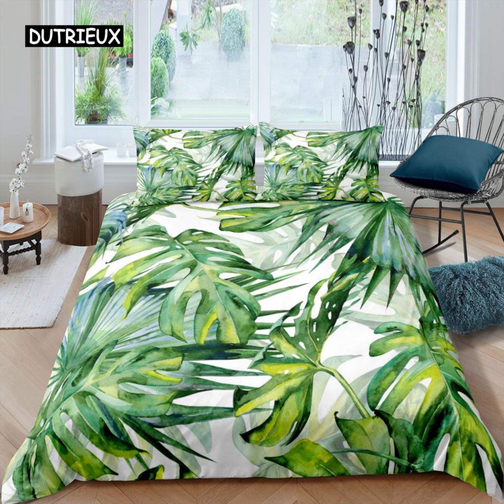 Leaf Duvet Cover Set Romantic Holiday Island Hawaiian Banana Trees Bedding Set Double Queen King Full Size Polyester Qulit Cover