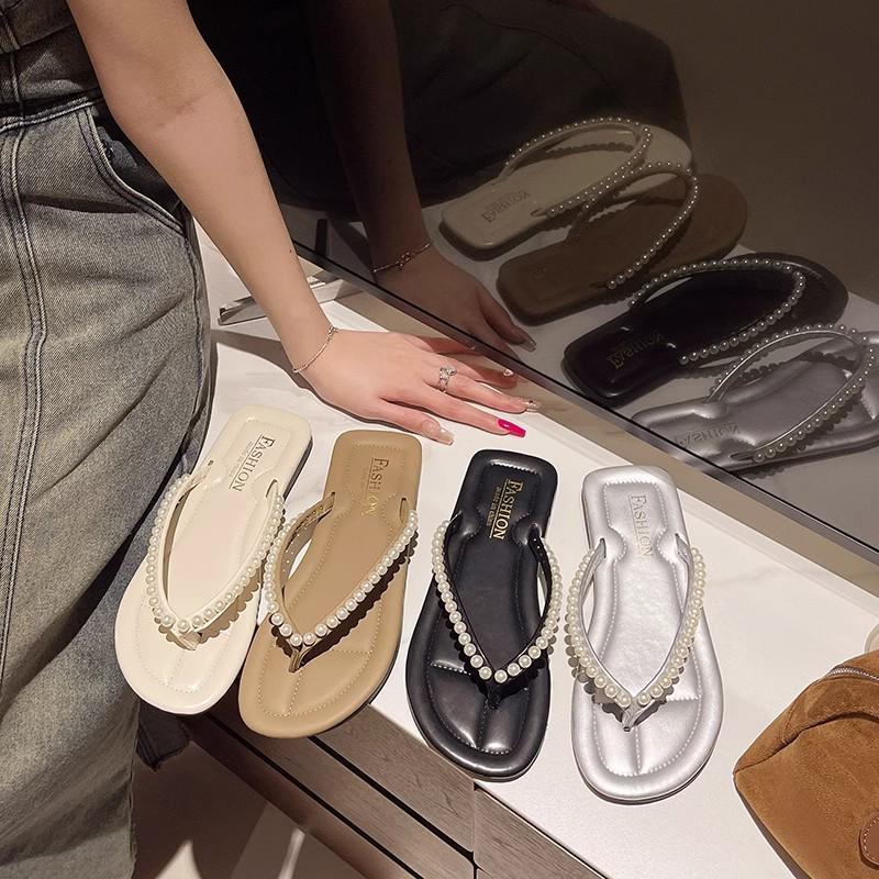Женские летние 2025 шлепанцы с жемчугом и стразами, нескользящие: Элегантные уличные пляжные шлепанцы