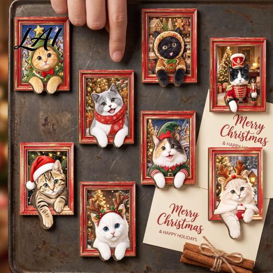 Decorative Fridge Magnets Cute Cat Refrigerator Magnets Christmas Kitty Magnetic Photo Frame Vintage Art Gifts Retro Office Filing Cabinet