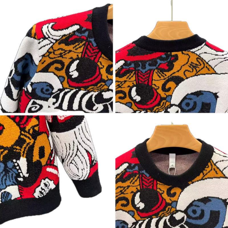Guochao High-end Red Zodiac Lion Sweater - Men's Old Money Style Knitwear for Autumn/Winter