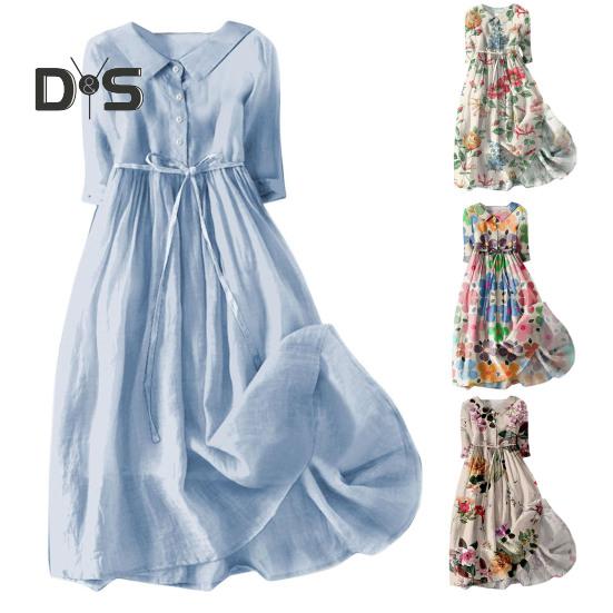 Женское весеннее платье с цветочным принтом, со средним рукавом, с отворотом, V-образным вырезом, на шнуровке, с высокой талией, трапециевидной формы, полуоднобортное богемное плиссированное платье миди