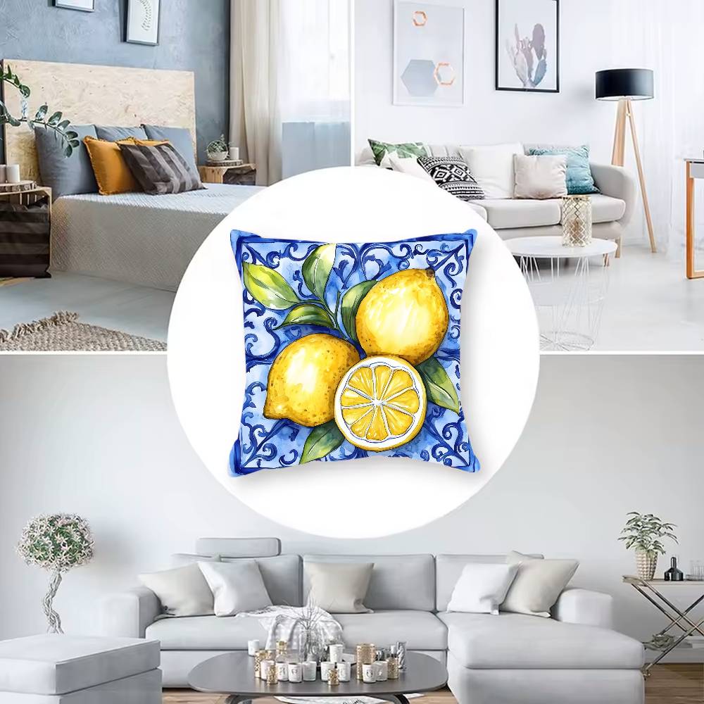 Blue - Toned Watercolor Lemon Pillow Case Anti-Dustmite Pillowcase Invisible Zipper Silky Short Plush Sofa Cushion Cover