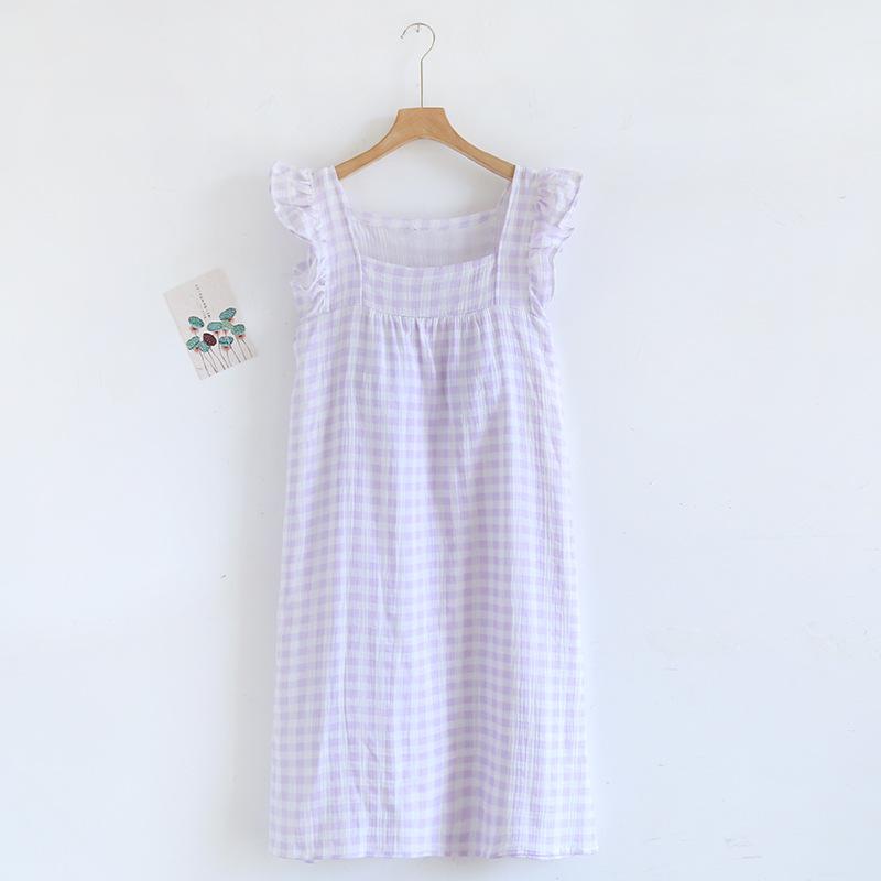 Summer New Women's Nightgown Vest 100% Cotton Large Size Loose Plaid Dress with Breast Pads