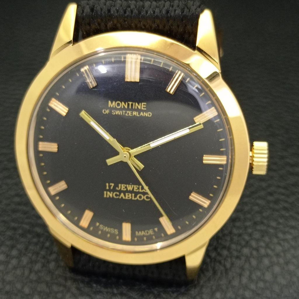 ВИНТАЖНЫЕ МУЖСКИЕ ШВЕЙЦАРСКИЕ ЧАСЫ MONTINE С РУЧНЫМ ПОДЗАВОДОМ, ВОССТАНОВЛЕННЫЕ, ЧЕРНЫЙ ЦИФЕРБЛАТ a441068-1