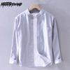 Простой стиль, мужские рубашки с длинным рукавом, весенне-летняя повседневная повседневная рубашка из чистого хлопка, однотонная рубашка с воротником-стойкой и универсальным карманом