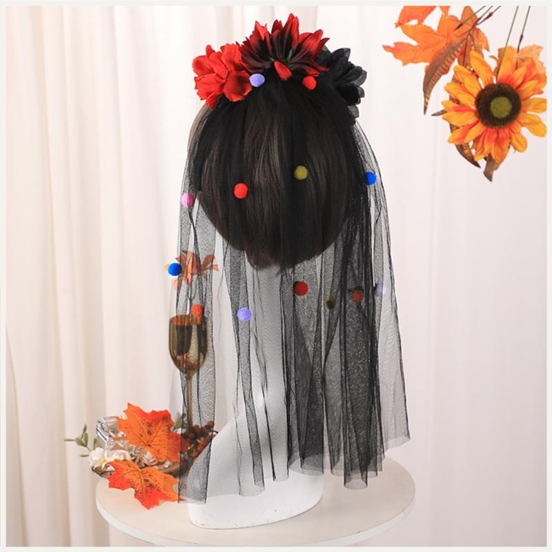 Цветочная повязка на голову День Мертвых Dia Los Muerto Костюм Хэллоуин Цветочный головной убор Розовые цветы Короны Вуаль для женщин