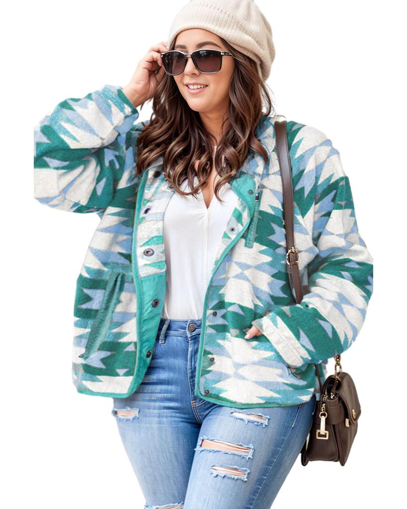 Azura Exchange Green Geometric Aztec Pattern Plus Size Fleece Jacket