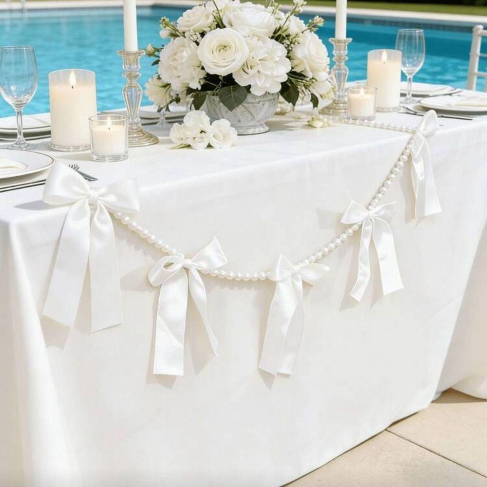 Faux Pearl Bowknot Banner Hanging Pendant Reusable Bow Beaded Garland  Birthday Decor