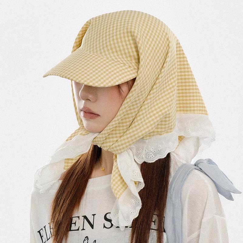 2025 Pastoral Lace Headscarf Women's Fashionable Plaid Triangular Duck Tongue Headscarf Hat Summer Travel Vacation Sun Hat