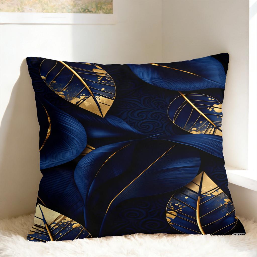 Luxurious Golden Blue Leaves Pillow Cover Cute Funny Pillow Case For Sofa Couch Bed Living Room Comfy Cushion Cover Gift Idea
