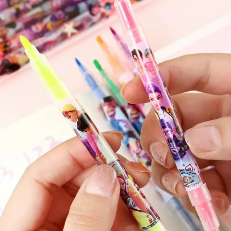 3pcs Kpop Witch Hunt Fluorescent Pen Cartoon Double Headed Marking Pen Gift High Beauty Student Stationery