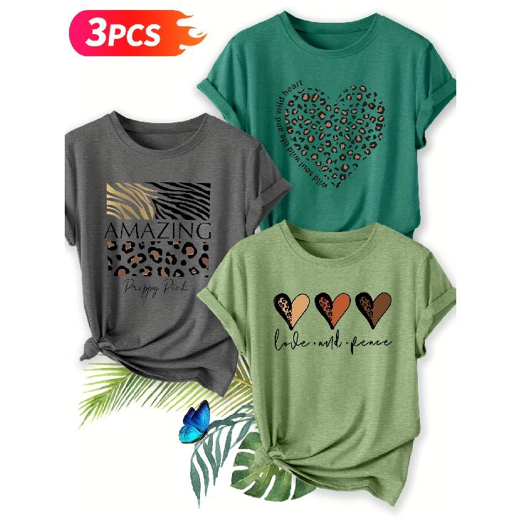 Three-piece set Elegant short-sleeved shirt for women Leopard print, zebra print“AMAZING”+ Wild love + Love and Peace Printed Round Neck Women's