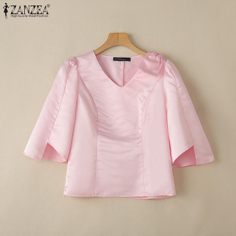 ZANZEA Женская летняя свободная повседневная блузка с V-образным вырезом и рукавом 3/4