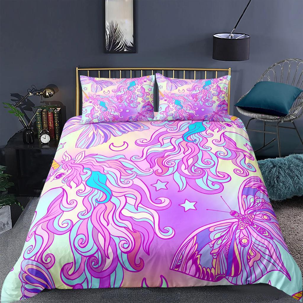 Unicorn Bedding Set King Queen White Pink Unicorn Duvet Cover For Girls Boys Dreamy Cartoon Sparkle Lilac Polyester Quilt Cover