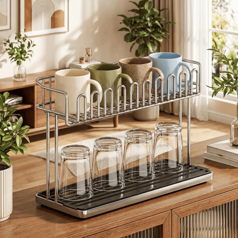 Stainless Steel Cup Storage Rack Anti-Fall Water Cup Holder Double-layer Water Cup Rack  Desktop