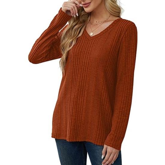 Женская туника-свитер с V-образным вырезом и длинным рукавом, однотонная, ребристая, повседневная, облегающая, трикотажная
