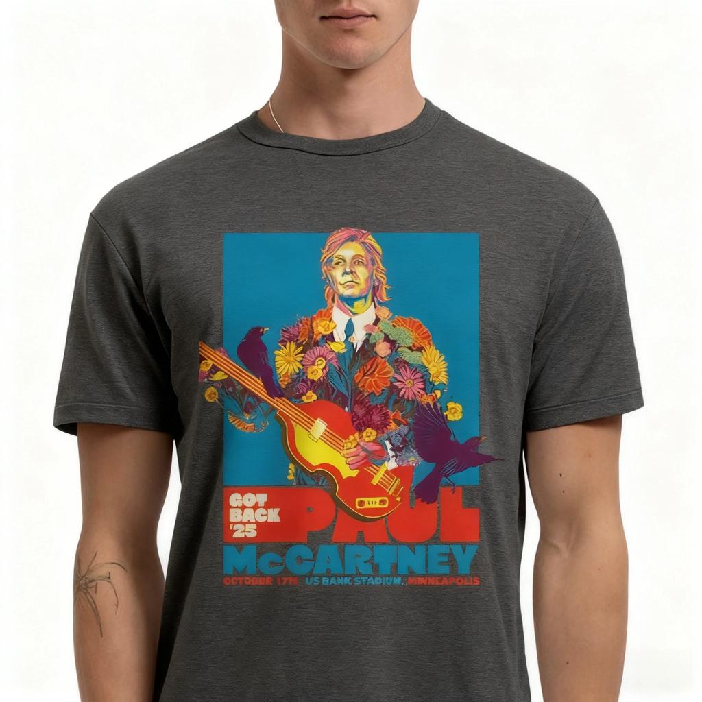 Paul McCartney Minneapolis 2026 Concert TShirt Psychedelic Floral Bird Graphic Casual Tee for Rock Music Lovers Trendy Outfits