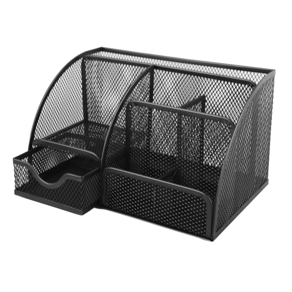 Сетчатый офисный настольный органайзер, многофункциональный, металлический, с 7 отделениями, держатель для ручек с ящиком, черный